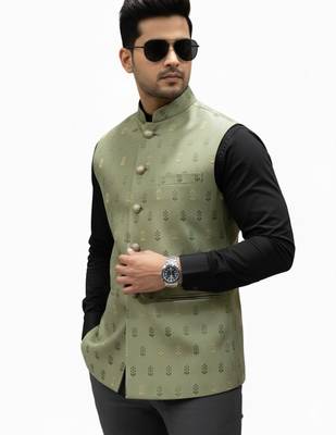 Mehndi green sage regalia art silk nehru jaket 5