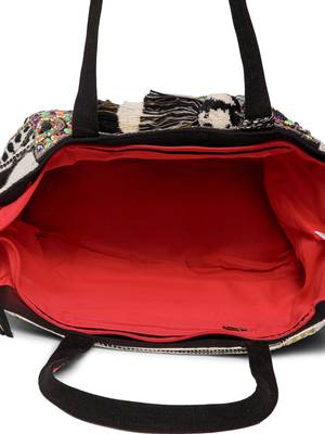 Boho Natural, Black & Multicolor Acrylic Jacquard & Cotton Canvas Trellis Embellished Tote Bag 6