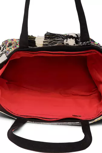 Boho Natural, Black & Multicolor Acrylic Jacquard & Cotton Canvas Trellis Embellished Tote Bag
