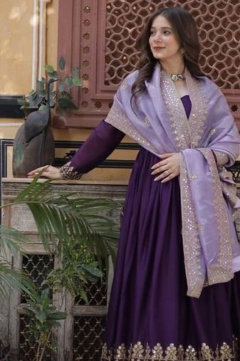 Wine zari & sequins embroidered work georgette stitched kurta & dupatta set