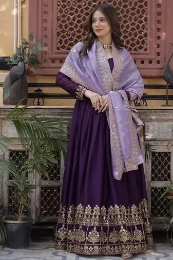 Wine zari & sequins embroidered georgette kurta & dupatta set