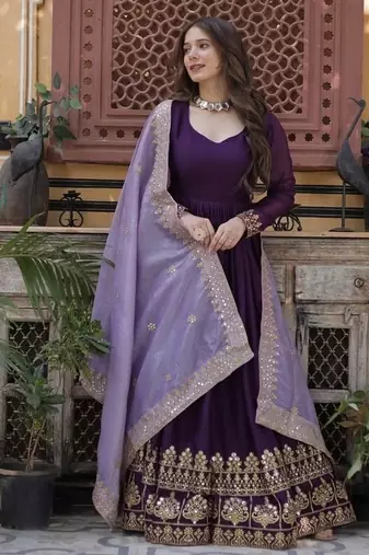 Wine zari & sequins embroidered georgette kurta & dupatta set