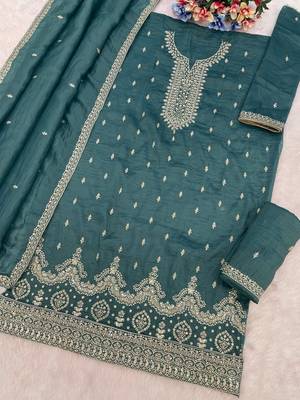Teal crush silk Embroidered Salwar suit-Full Stitched Free size 2