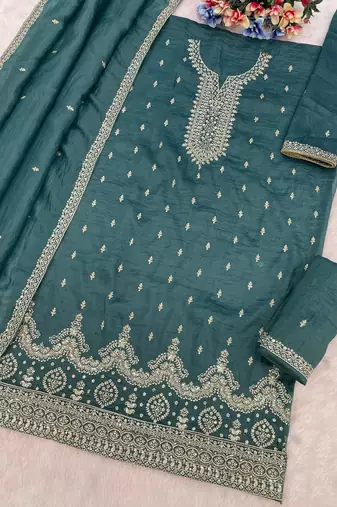 Teal crush silk Embroidered Salwar suit-Full Stitched Free size