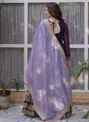 Wine zari & sequins embroidered georgette kurta & dupatta set 4