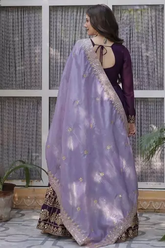 Wine zari & sequins embroidered georgette kurta & dupatta set