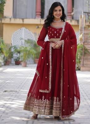Maroon zari & sequins embroidered work georgette stitched kurta & dupatta set 1