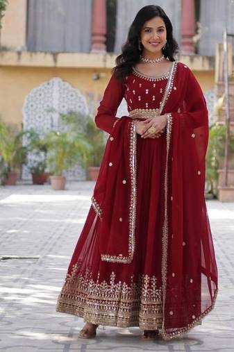 Maroon zari & sequins embroidered work georgette stitched kurta & dupatta set