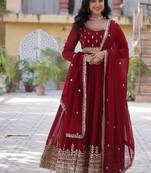 Maroon zari & sequins embroidered work georgette stitched kurta & dupatta set