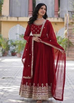 Maroon zari & sequins embroidered work georgette stitched kurta & dupatta set 2