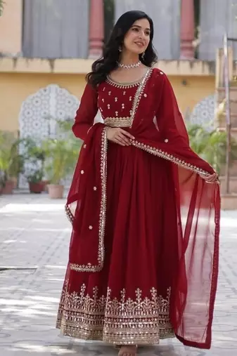 Maroon zari & sequins embroidered work georgette stitched kurta & dupatta set
