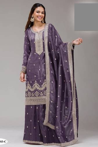 Purple crush silk semi stitched wedding suits