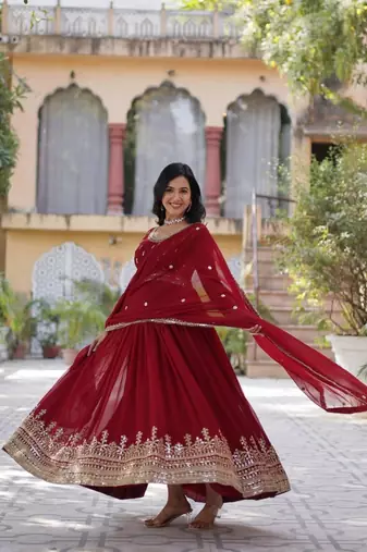 Maroon zari & sequins embroidered work georgette stitched kurta & dupatta set