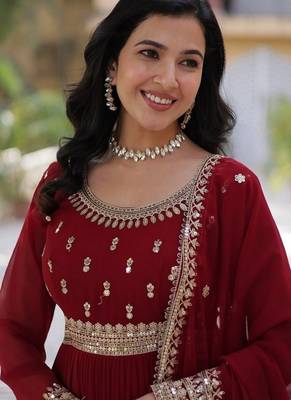 Maroon zari & sequins embroidered work georgette stitched kurta & dupatta set 4