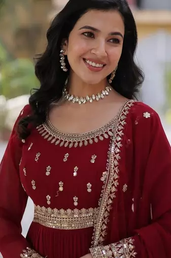 Maroon zari & sequins embroidered work georgette stitched kurta & dupatta set