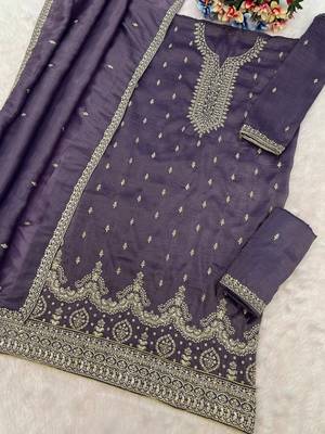Purple crush silk Embroidered Salwar suit-Full Stitched Free size 2