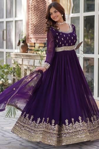 Purple zari & sequins embroidered work georgette stitched kurta & dupatta set