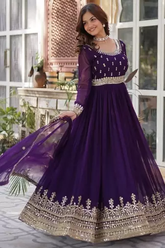 Purple zari & sequins embroidered work georgette stitched kurta & dupatta set