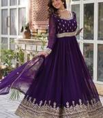 Purple zari & sequins embroidered georgette kurta & dupatta set