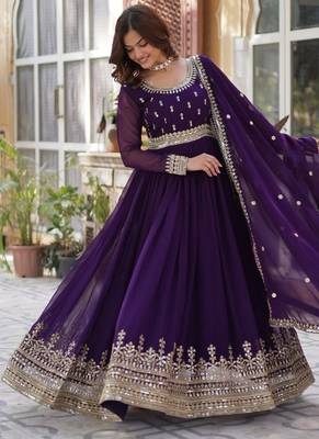 Purple zari & sequins embroidered georgette kurta & dupatta set 2
