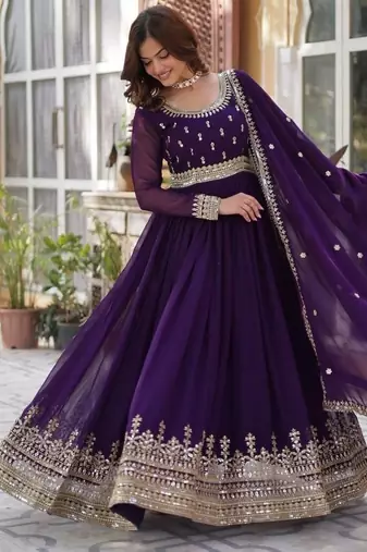 Purple zari & sequins embroidered georgette kurta & dupatta set