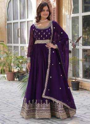 Purple zari & sequins embroidered georgette kurta & dupatta set 3