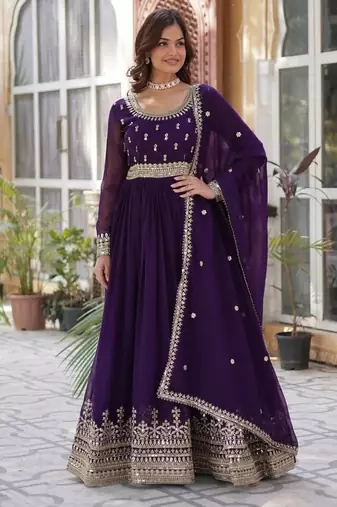 Purple zari & sequins embroidered georgette kurta & dupatta set
