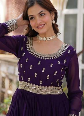 Purple zari & sequins embroidered georgette kurta & dupatta set 4