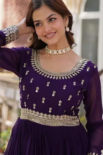 Purple zari & sequins embroidered georgette kurta & dupatta set