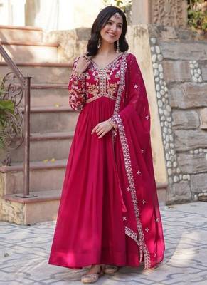 Pink zari & sequins embroidered work georgette stitched kurta & dupatta set 1