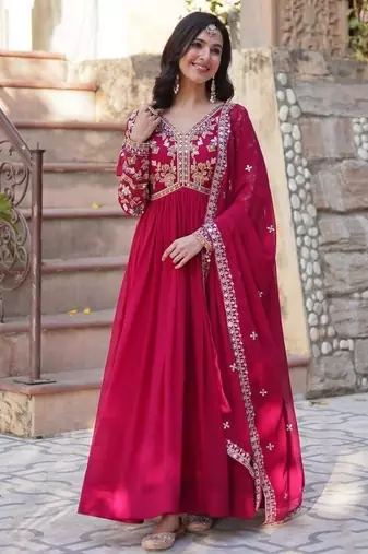 Pink zari & sequins embroidered work georgette stitched kurta & dupatta set