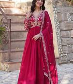 Pink zari & sequins embroidered work georgette stitched kurta & dupatta set