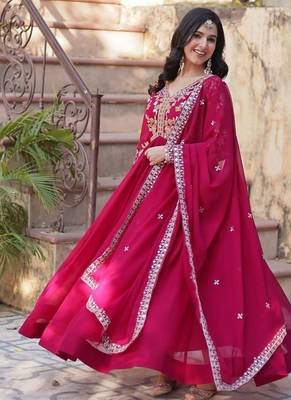 Pink zari & sequins embroidered work georgette stitched kurta & dupatta set 2