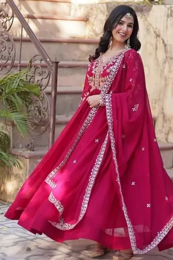 Pink zari & sequins embroidered work georgette stitched kurta & dupatta set