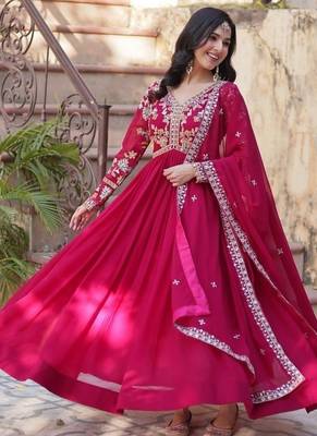 Pink zari & sequins embroidered work georgette stitched kurta & dupatta set 3