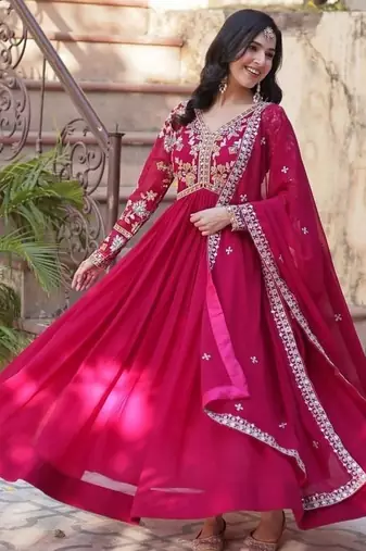 Pink zari & sequins embroidered work georgette stitched kurta & dupatta set