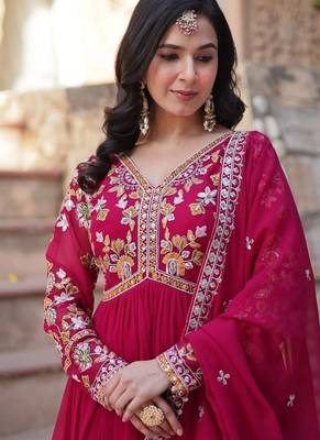 Pink zari & sequins embroidered work georgette stitched kurta & dupatta set 4