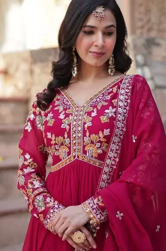 Pink zari & sequins embroidered work georgette stitched kurta & dupatta set