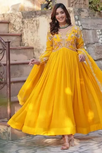 Yellow zari & sequins embroidered work georgette stitched kurta & dupatta set