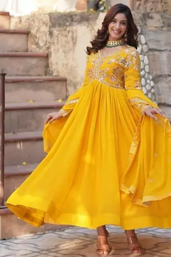 Yellow zari & sequins embroidered georgette kurta & dupatta set