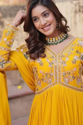 Yellow zari & sequins embroidered georgette kurta & dupatta set