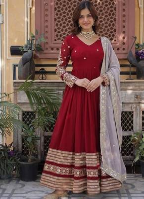 Maroon zari & sequins embroidered georgette kurta & dupatta set 1