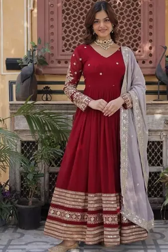 Maroon zari & sequins embroidered work georgette stitched kurta & dupatta set