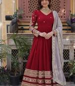 Maroon zari & sequins embroidered georgette kurta & dupatta set