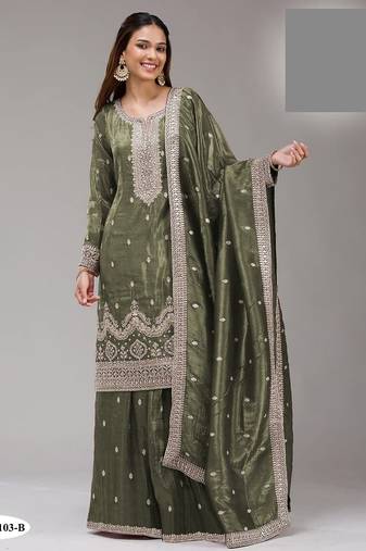 Leaf green crush silk semi stitched wedding suits