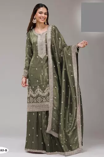Leaf green crush silk semi stitched wedding suits