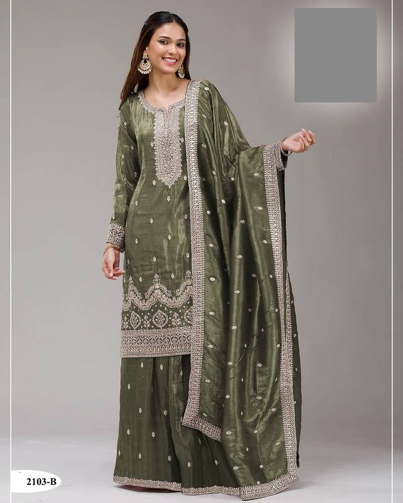 Leaf green crush silk semi stitched wedding suits