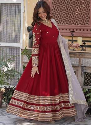 Maroon zari & sequins embroidered georgette kurta & dupatta set 2