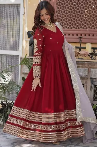 Maroon zari & sequins embroidered georgette kurta & dupatta set