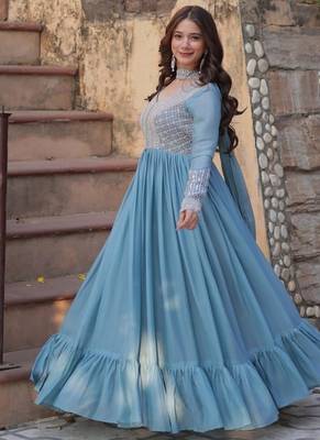 Blue zari & sequins embroidered work georgette stitched kurta & dupatta set 1